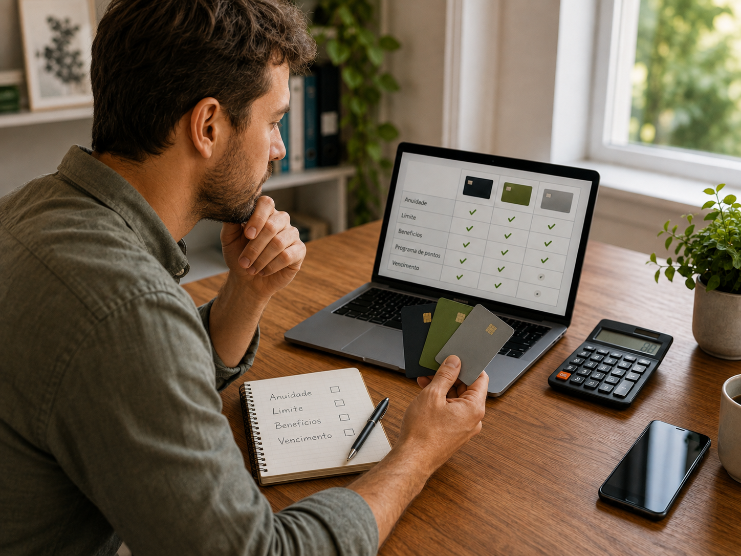 Homem comparando cartões de crédito em uma mesa com notebook, calculadora e anotações.
