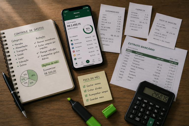 Smartphone exibindo aplicativo de controle de gastos ao lado de recibos, extrato bancário, calculadora e anotações financeiras organizadas sobre uma mesa.