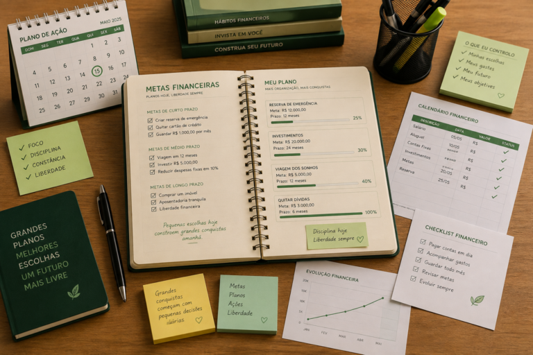 Agenda aberta com metas financeiras, calendário, checklist, post-its, calculadora e materiais de planejamento organizados sobre uma mesa.