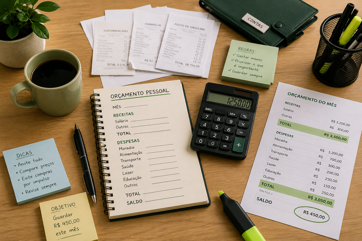 Mesa organizada com caderno de orçamento pessoal, recibos, calculadora, planilha de despesas, post-its de planejamento e documentos financeiros.