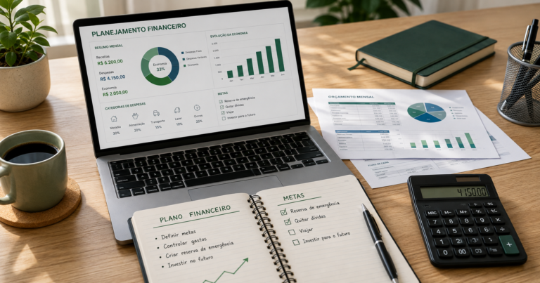 Mesa de trabalho com notebook, calculadora, agenda e materiais de planejamento financeiro.