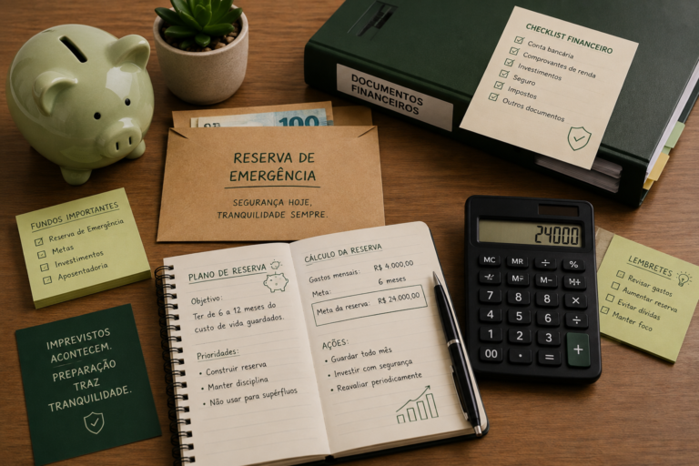 Cofrinho, envelope identificado como reserva de emergência, agenda com plano financeiro, calculadora e documentos organizados sobre uma mesa.