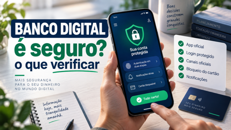 Ilustração sobre segurança em banco digital, com aplicativo bancário, autenticação, notificações e canais oficiais de proteção.