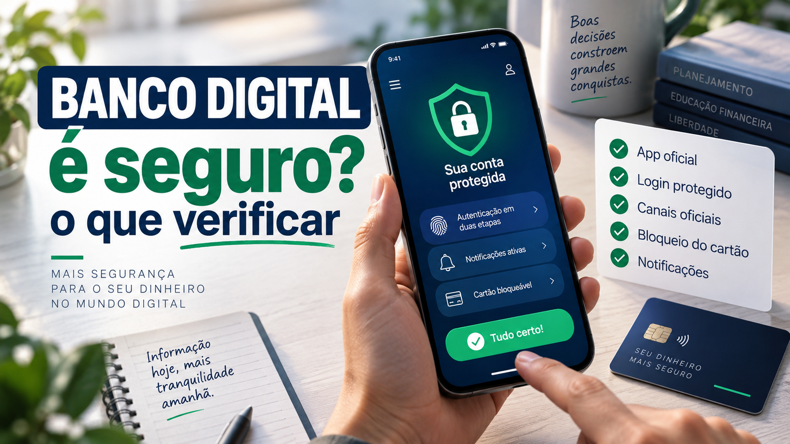 Ilustração sobre segurança em banco digital, com aplicativo bancário, autenticação, notificações e canais oficiais de proteção.