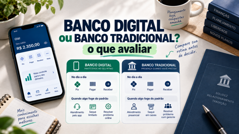 Ilustração comparando banco digital e banco tradicional, com diferenças de atendimento, canais e situações do dia a dia.