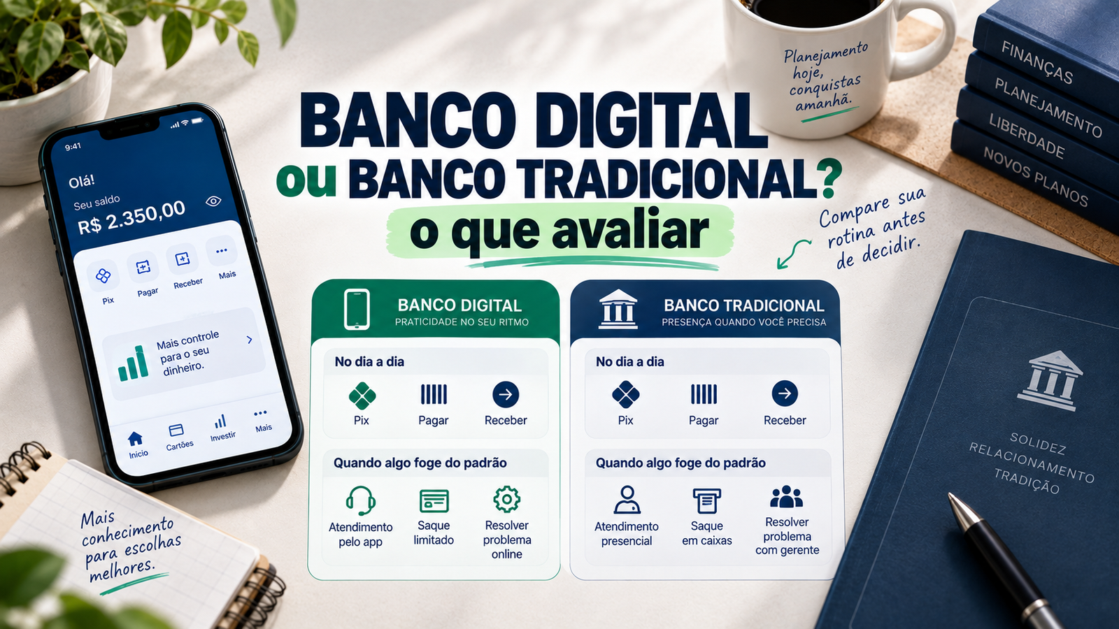 Ilustração comparando banco digital e banco tradicional, com diferenças de atendimento, canais e situações do dia a dia.
