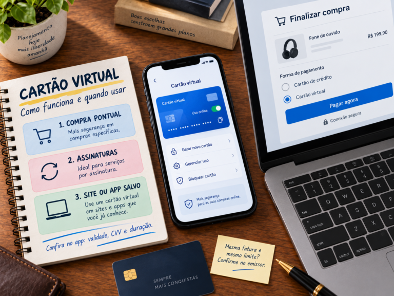 Ilustração sobre cartão virtual, com celular exibindo o cartão digital, compra online no computador e situações de uso em compras pontuais, assinaturas e sites ou aplicativos.