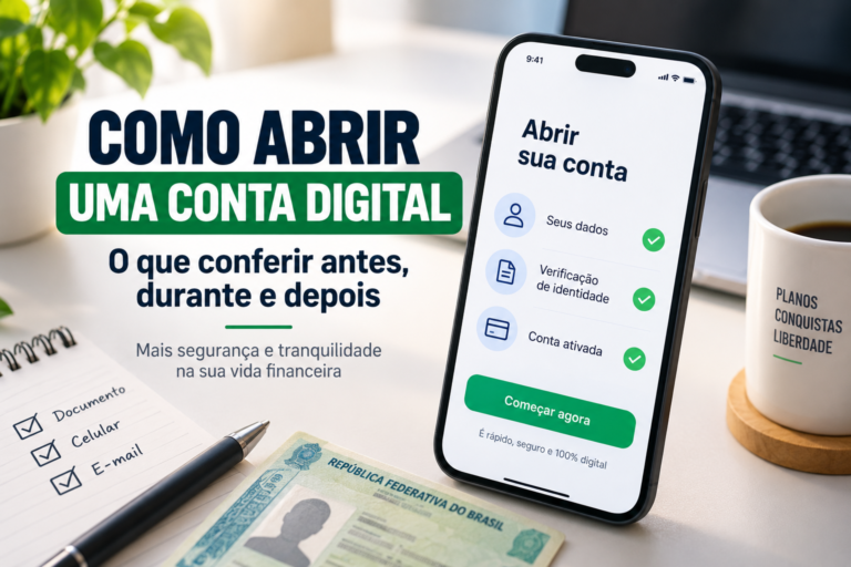 Ilustração sobre abertura de conta digital, com celular, verificação de identidade e etapas de cadastro.
