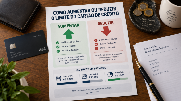 Ilustração sobre como aumentar ou reduzir o limite do cartão de crédito, mostrando análise do emissor, pedido de redução e limite total, utilizado e disponível.