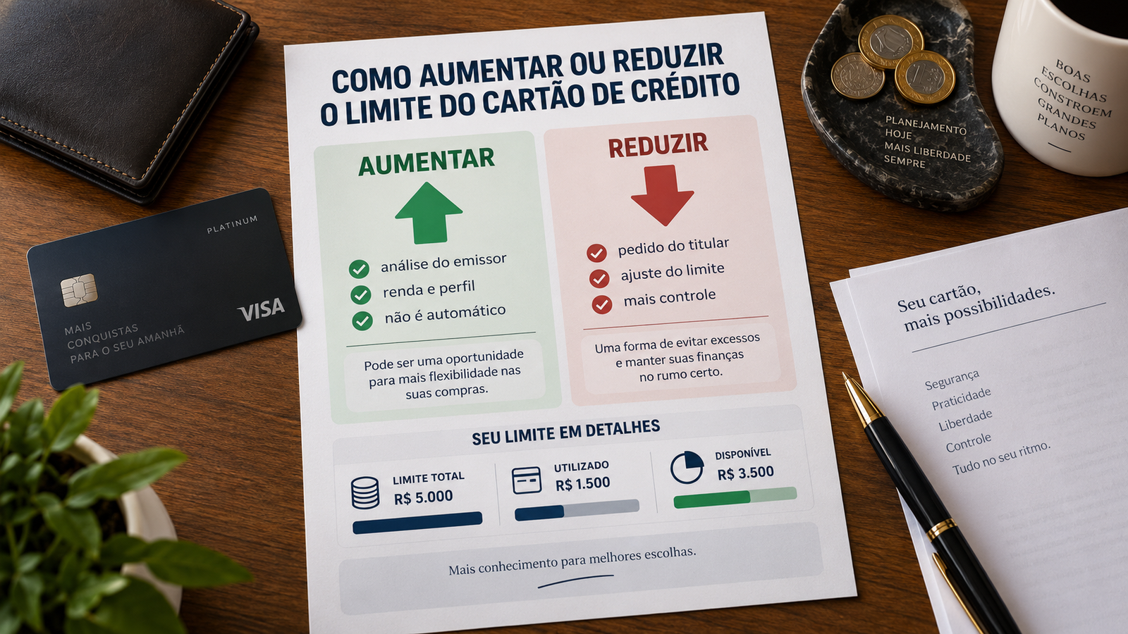 Ilustração sobre como aumentar ou reduzir o limite do cartão de crédito, mostrando análise do emissor, pedido de redução e limite total, utilizado e disponível.