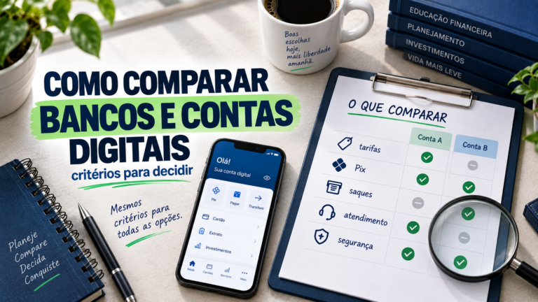 Ilustração comparando bancos e contas digitais com critérios como tarifas, Pix, saques, atendimento e segurança.