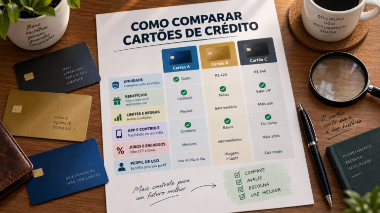 Ilustração sobre como comparar cartões de crédito, com três opções lado a lado e critérios como anuidade, benefícios, limites, controle e encargos.