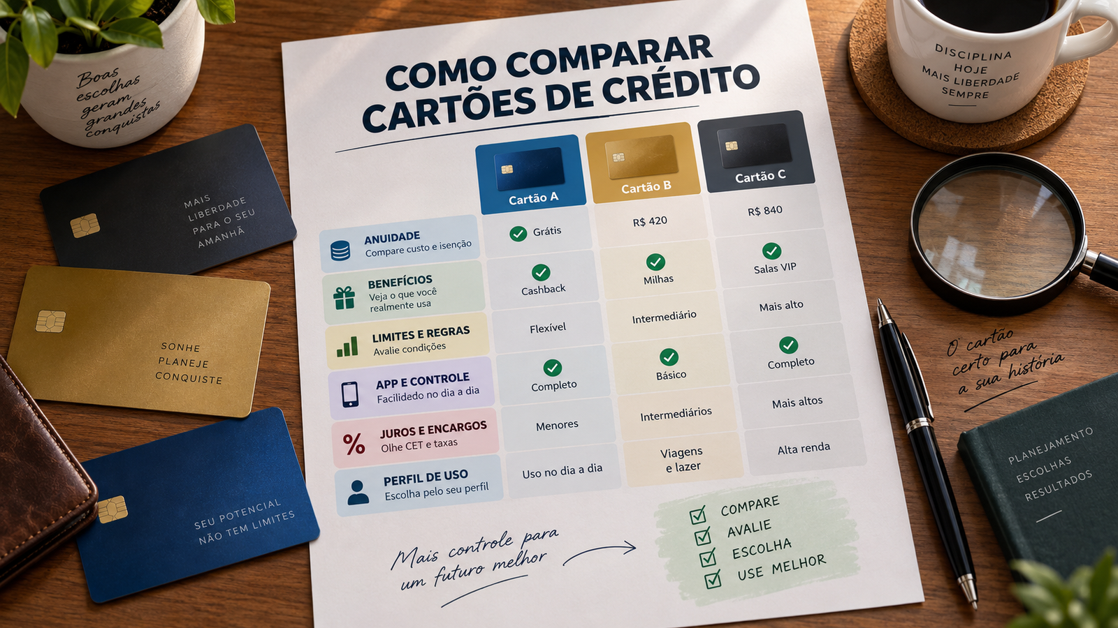 Ilustração sobre como comparar cartões de crédito, com três opções lado a lado e critérios como anuidade, benefícios, limites, controle e encargos.