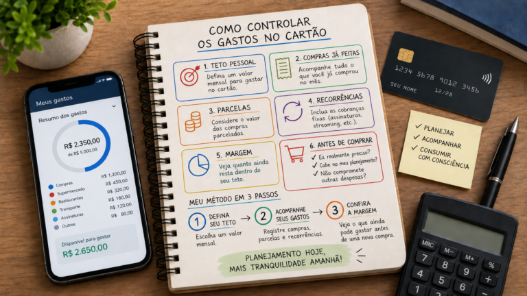 Ilustração sobre como controlar os gastos no cartão de crédito, com celular exibindo despesas, caderno com etapas de controle, cartão e calculadora.