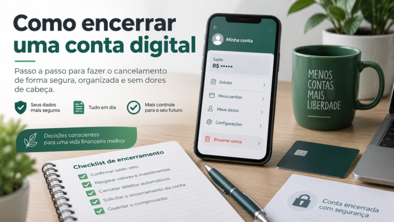 Ilustração sobre encerramento de conta digital, com aplicativo bancário e checklist de conferências antes do cancelamento.