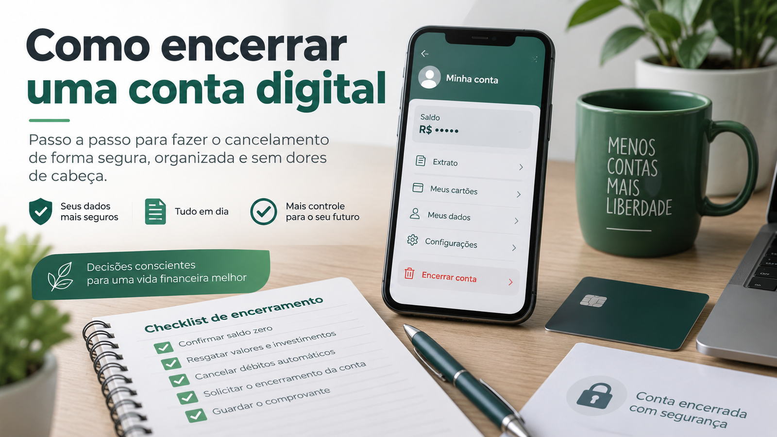 Ilustração sobre encerramento de conta digital, com aplicativo bancário e checklist de conferências antes do cancelamento.