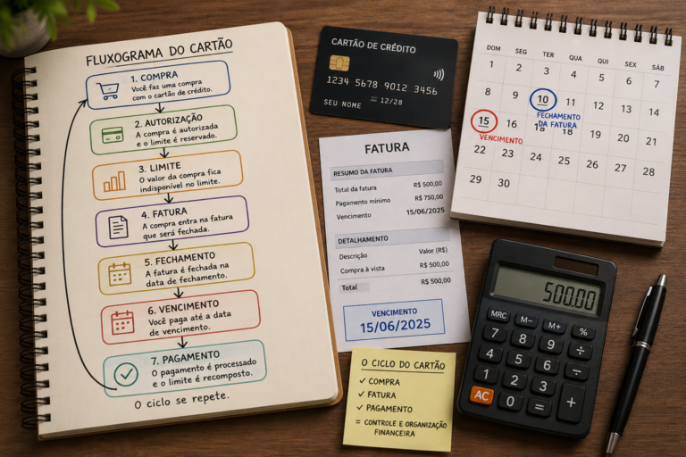Fluxograma do funcionamento do cartão de crédito com etapas de compra, autorização, limite, fatura, fechamento, vencimento e pagamento, ao lado de cartão, fatura, calendário e calculadora.
