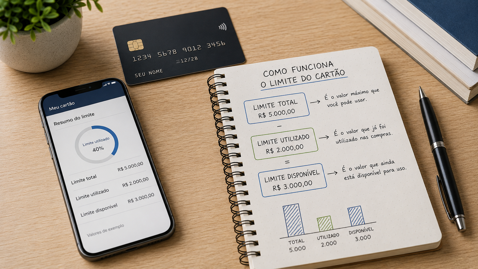 Ilustração do limite do cartão de crédito com limite total, limite utilizado e limite disponível exibidos em aplicativo e caderno.