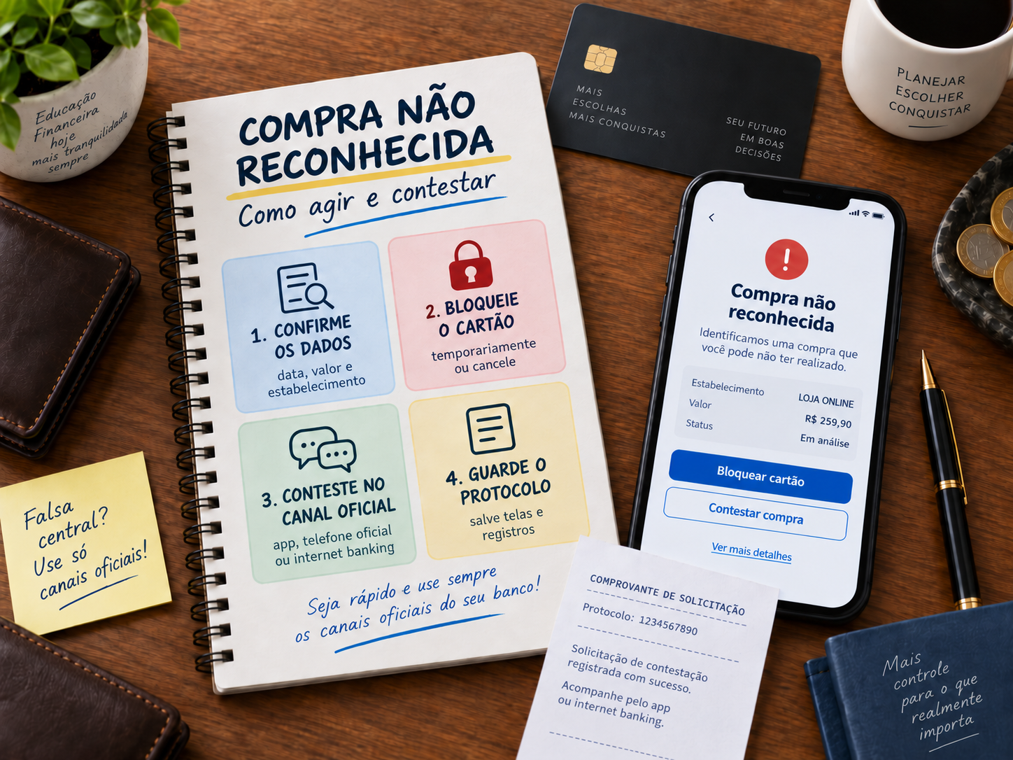 Ilustração sobre compra não reconhecida no cartão de crédito, com celular exibindo alerta de cobrança, cartão, protocolo de contestação e roteiro para confirmar os dados, bloquear o cartão, contestar no canal oficial e guardar o protocolo.
