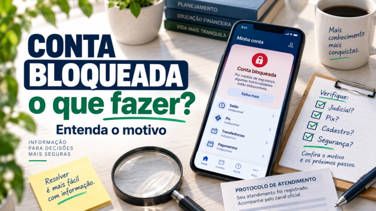 Ilustração sobre conta bloqueada, com celular, aviso de bloqueio e possíveis causas como ordem judicial, Pix, cadastro e segurança.