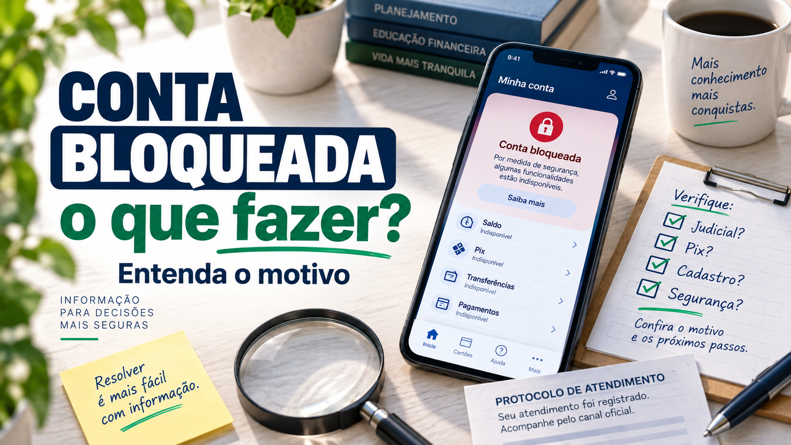 Ilustração sobre conta bloqueada, com celular, aviso de bloqueio e possíveis causas como ordem judicial, Pix, cadastro e segurança.
