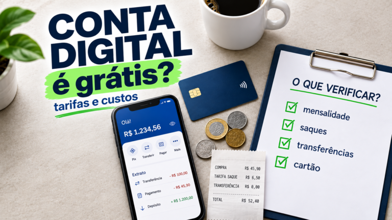 Ilustração sobre custos de conta digital, com aplicativo bancário e checklist de mensalidade, saques, transferências e cartão.