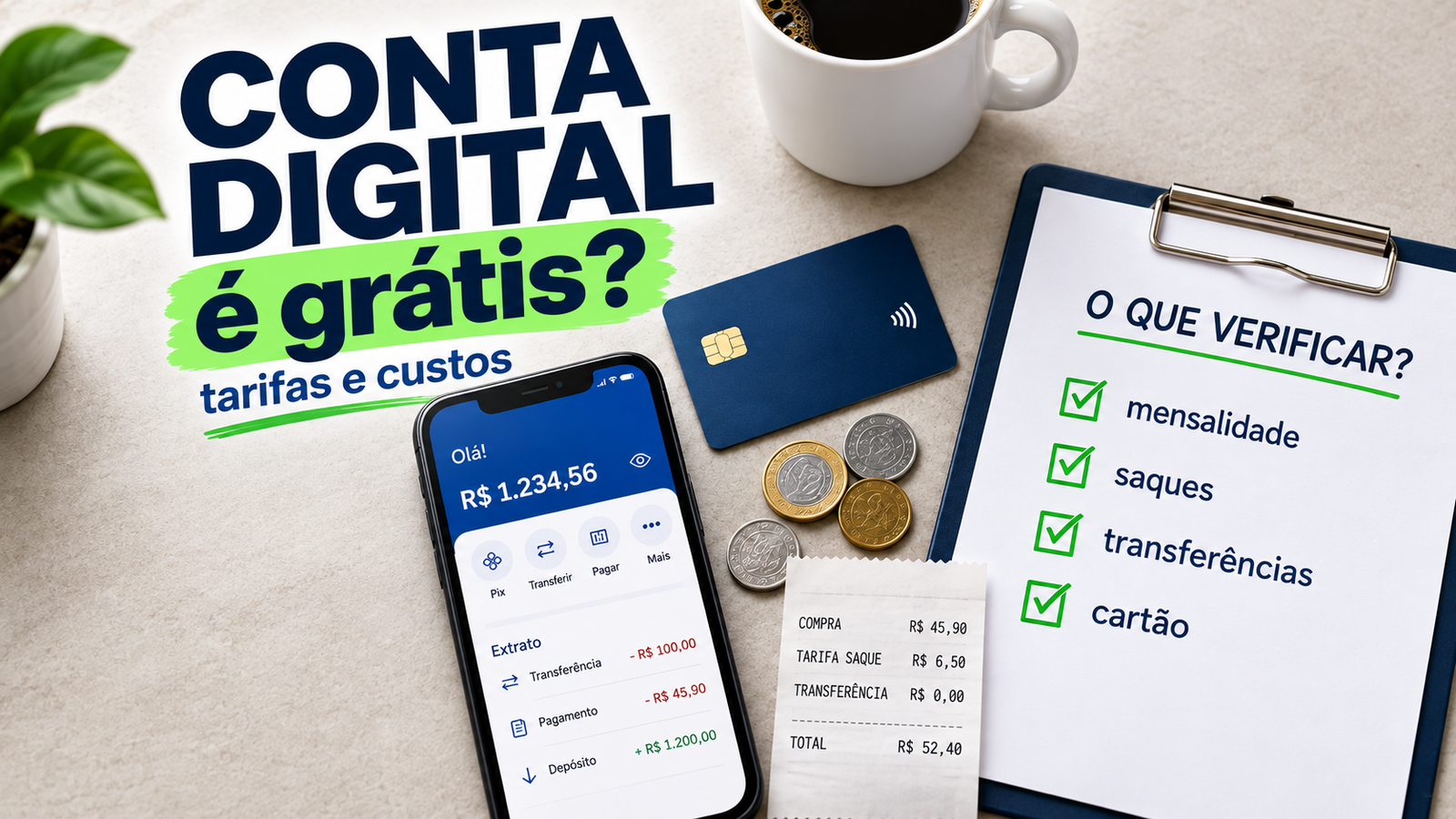 Ilustração sobre custos de conta digital, com aplicativo bancário e checklist de mensalidade, saques, transferências e cartão.
