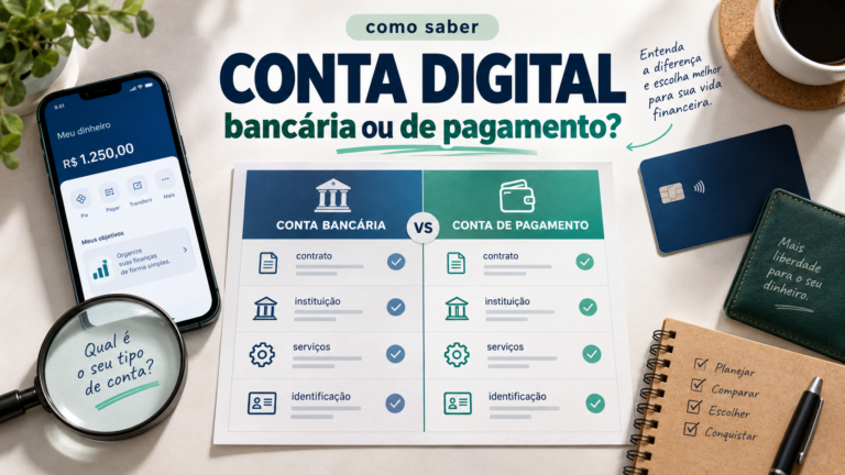 Ilustração comparando conta bancária e conta de pagamento, com critérios como contrato, instituição, serviços e identificação da conta.