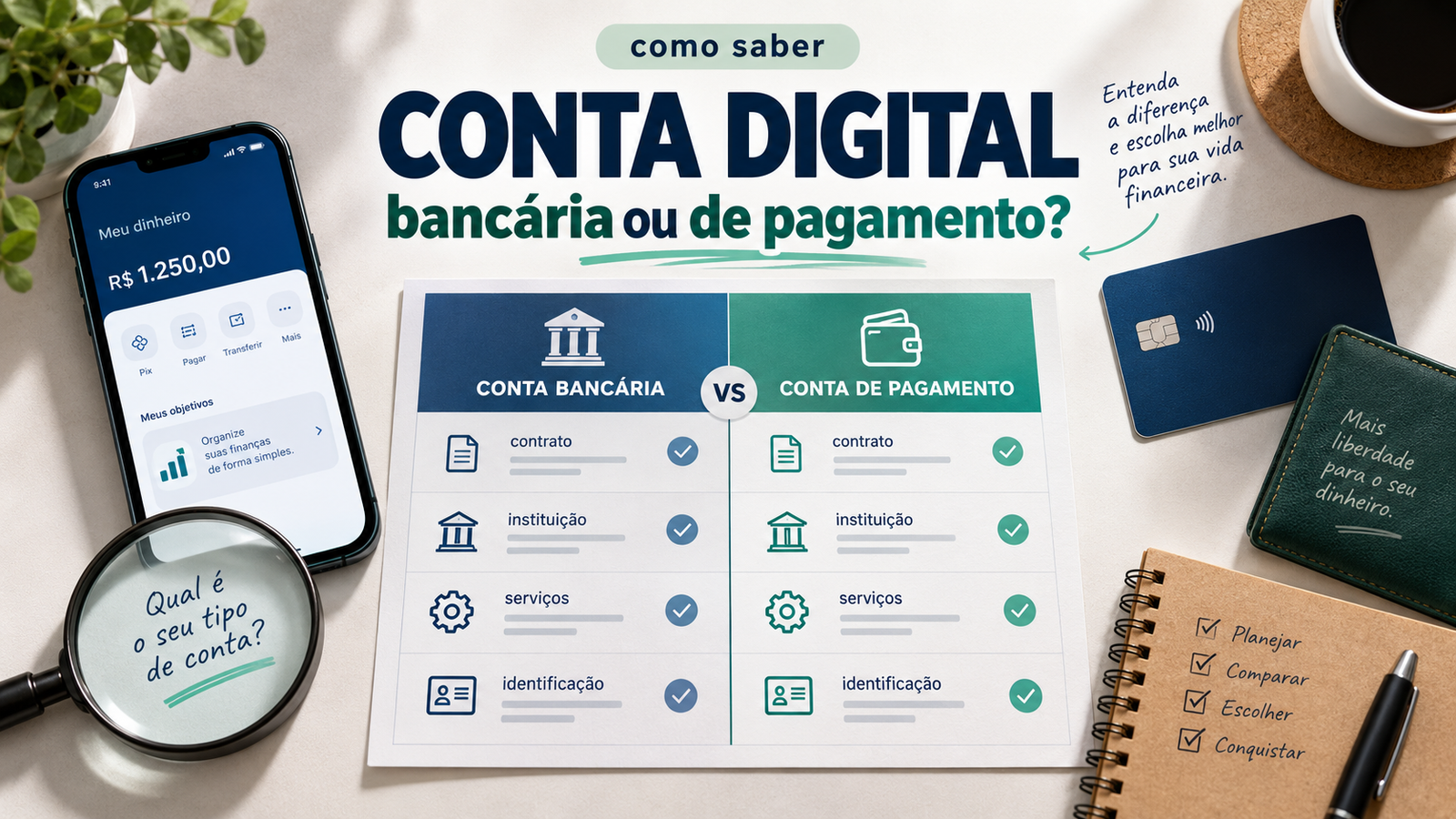 Ilustração comparando conta bancária e conta de pagamento, com critérios como contrato, instituição, serviços e identificação da conta.
