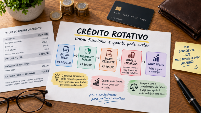 Ilustração sobre crédito rotativo, com exemplo de fatura, pagamento parcial, saldo restante, juros e novo valor no cartão de crédito.