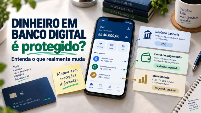 Ilustração sobre proteção do dinheiro em banco digital, diferenciando depósito bancário, conta de pagamento e investimentos.