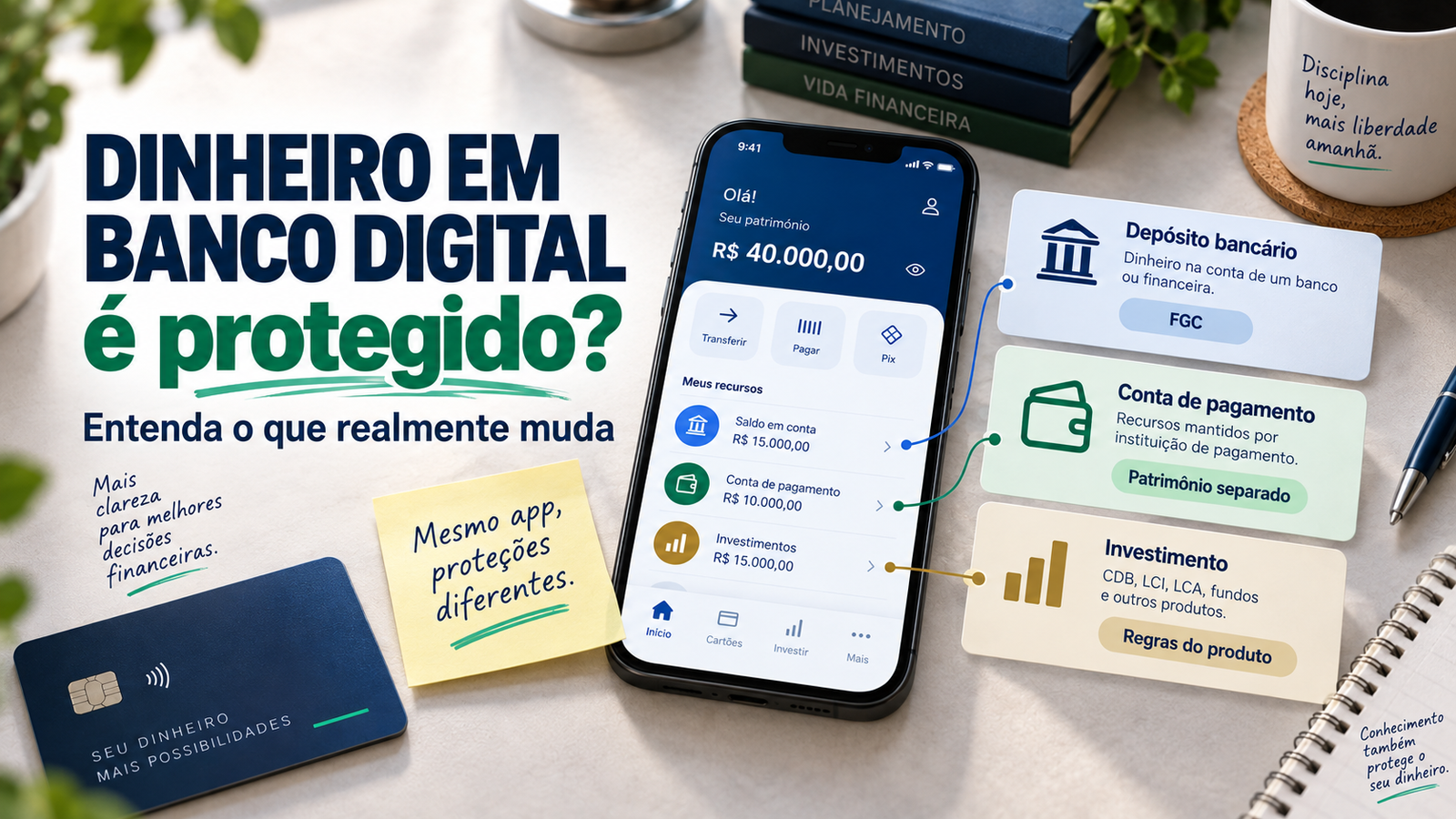 Ilustração sobre proteção do dinheiro em banco digital, diferenciando depósito bancário, conta de pagamento e investimentos.