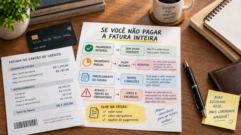Ilustração sobre o que acontece quando a fatura do cartão não é paga integralmente, mostrando pagamento parcial, saldo restante, rotativo e encargos.