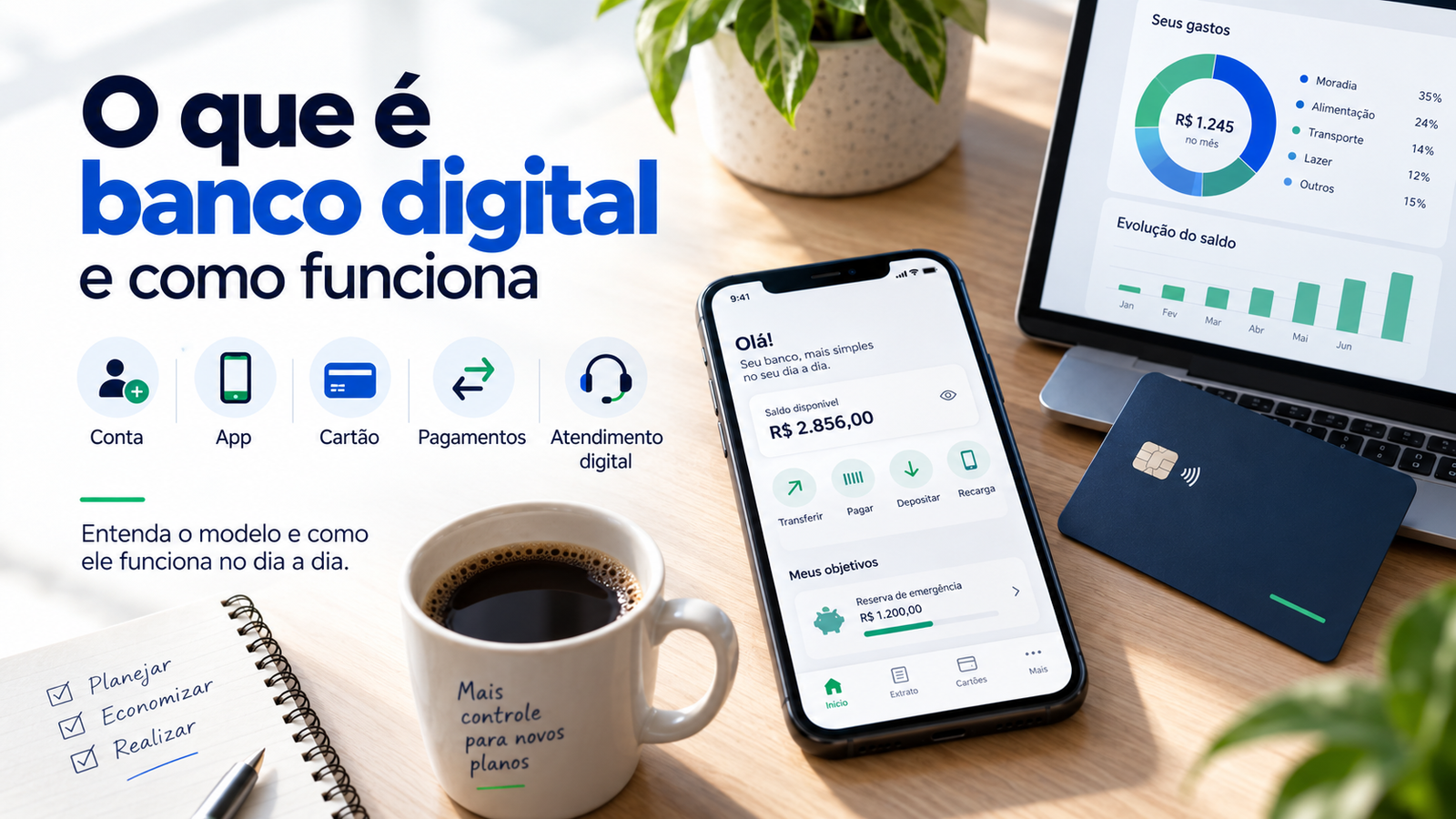 Ilustração sobre banco digital, com aplicativo bancário no celular e recursos de conta, pagamentos, cartão e atendimento digital.