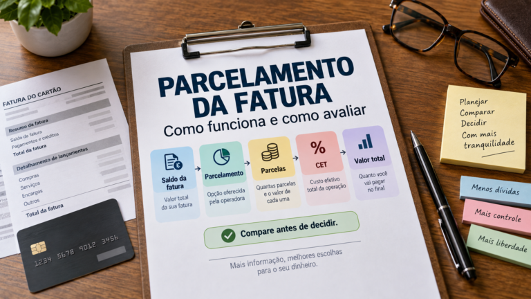 Ilustração sobre parcelamento da fatura do cartão de crédito, mostrando saldo da fatura, parcelas, CET e valor total para comparação.