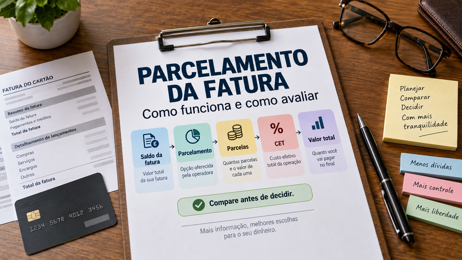 Ilustração sobre parcelamento da fatura do cartão de crédito, mostrando saldo da fatura, parcelas, CET e valor total para comparação.