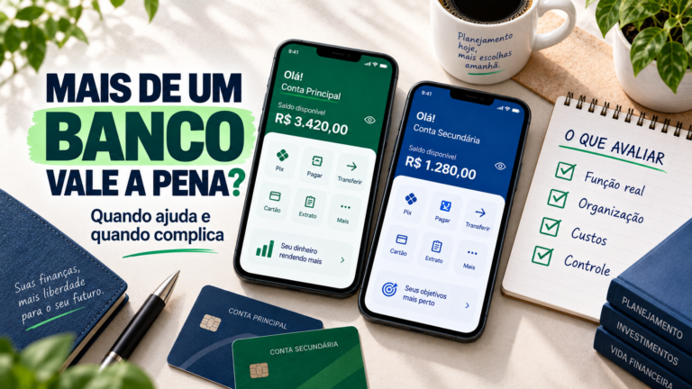 Ilustração sobre ter conta em mais de um banco, com duas contas bancárias e critérios de organização, custos e controle.